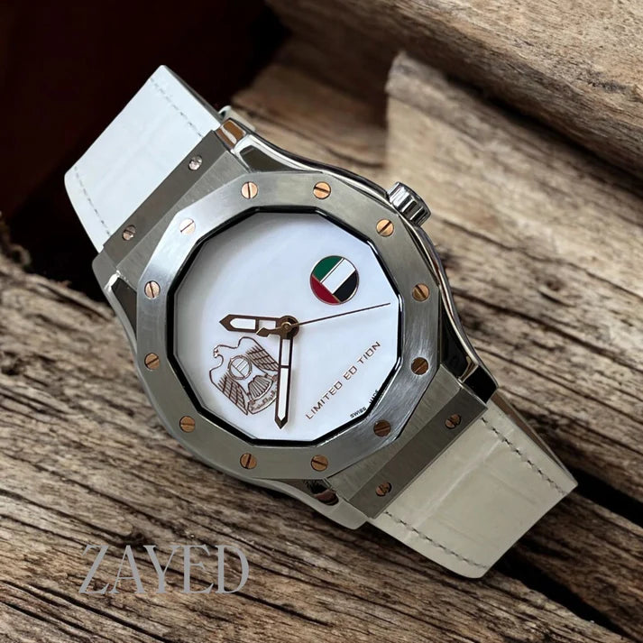 Zayed UAE Logo & UAE Flag Leather Watch For Mens - Swiss Design