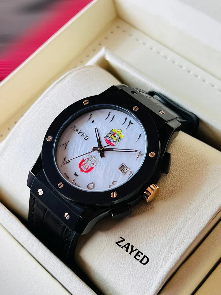 Zayed Leather Watch With Abu Dhabi Logo & UAE Logo For Mens