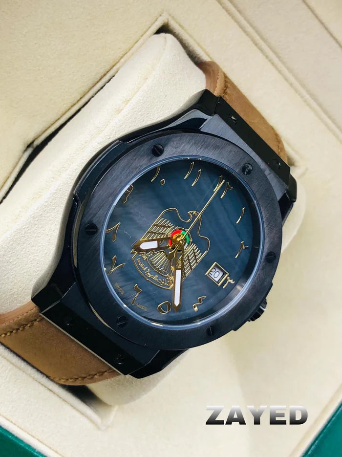Zayed Arabic Dial & UAE Logo Leather Watch For Mens