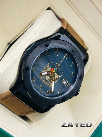 Zayed Arabic Dial & UAE Logo Leather Watch For Mens