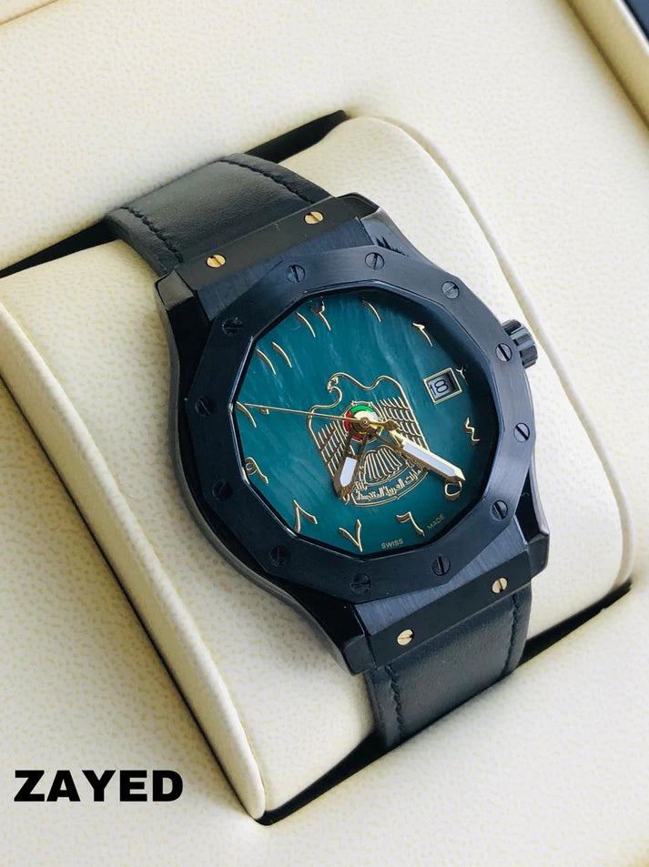 Zayed Arabic Dial & UAE Logo Leather Watch For Mens