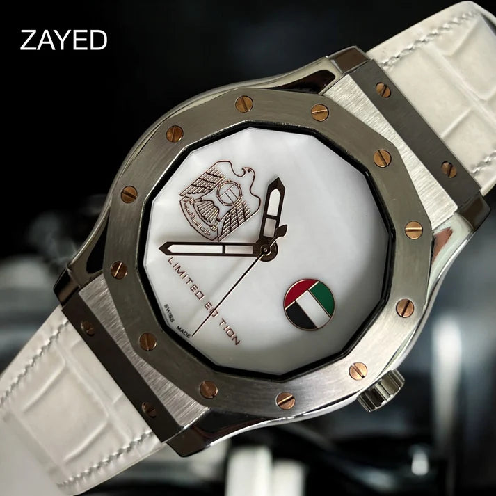 Zayed UAE Logo & UAE Flag Leather Watch For Mens - Swiss Design