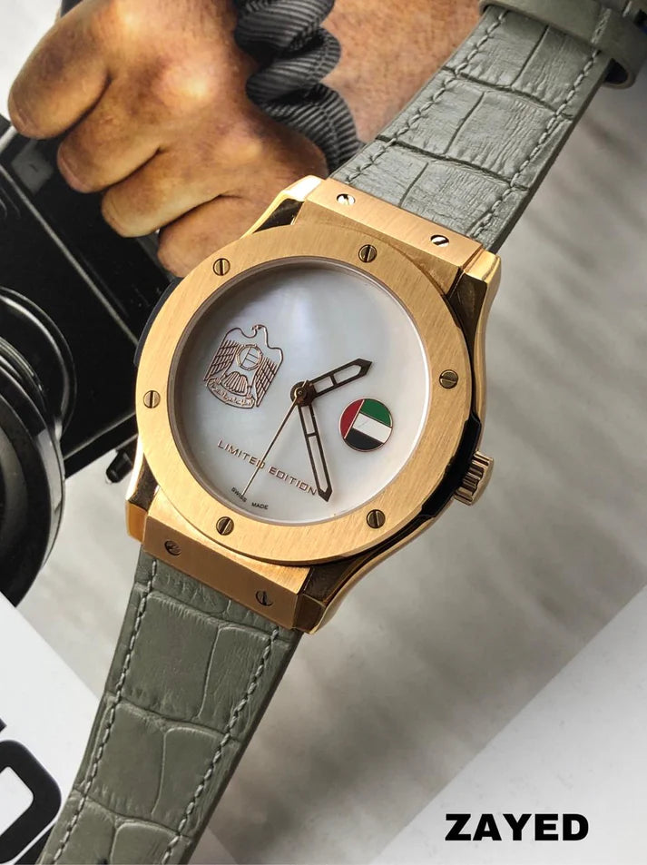 Zayed UAE Logo & UAE Flag Leather Watch For Mens - Swiss Design